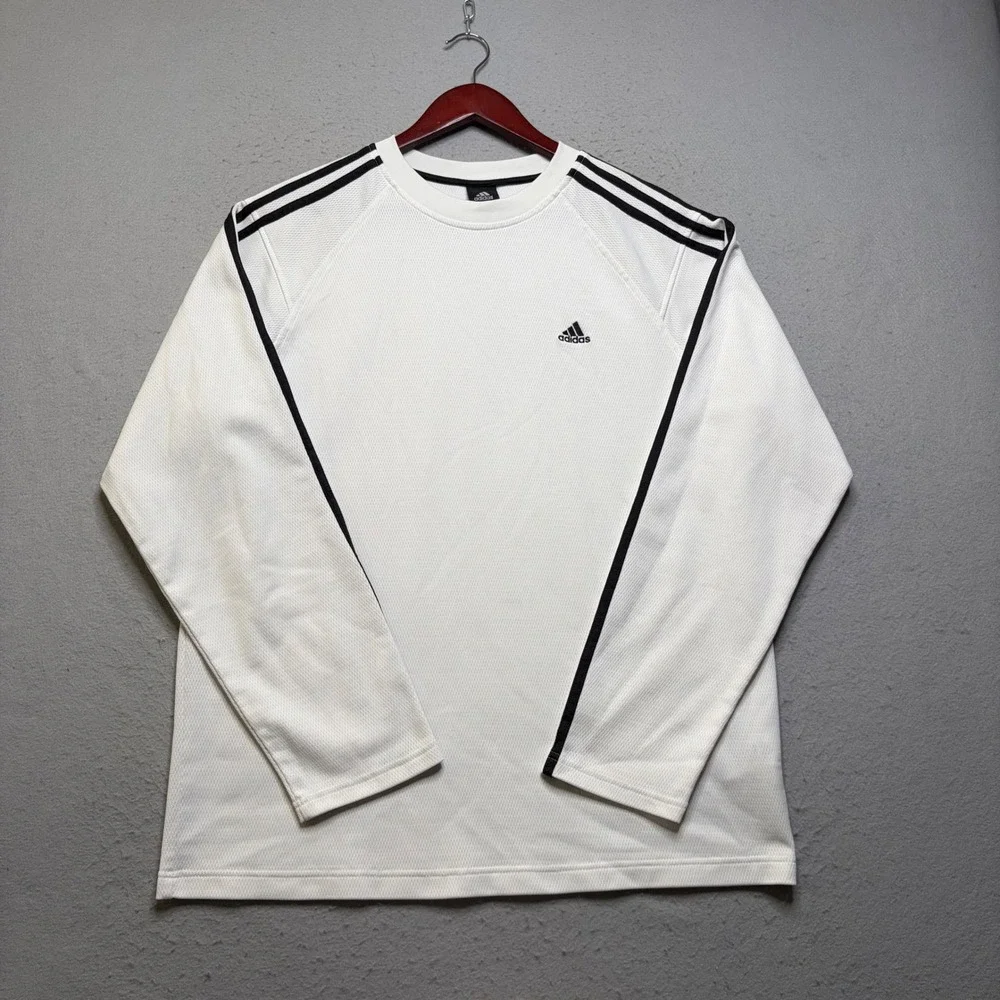 Adidas Shirt Mens Large White Long Sleeve 3 Stripe Y2K Performance Top